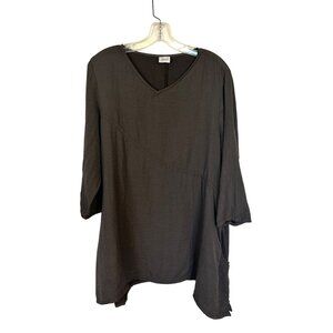 Et Lois Womens Brown V Neck Tunic Asymmetrical Hem 3/4 Sleeves Large